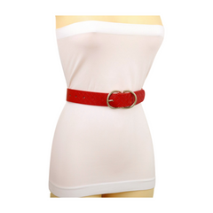 Women Red Basket Weave Faux Leather Hip Waist Belt Gold Metal Buckle Size S M