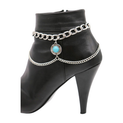 Brand New Women Silver Metal Boot Chain Bracelet Shoe Anklet Turquoise Blue Coin Ethnic Charm SET BC131