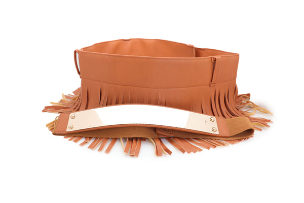 Brand New Women Brown Wide Faux Leather Wrap Around Skirt Tie Fringes Belt Gold Metal S M