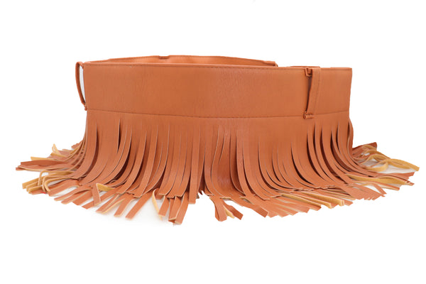 Brand New Women Brown Wide Faux Leather Wrap Around Skirt Tie Fringes Belt Gold Metal S M