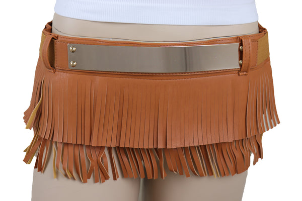 Brand New Women Brown Wide Faux Leather Wrap Around Skirt Tie Fringes Belt Gold Metal S M