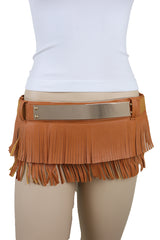 Brown Wide Faux Leather Wrap Around Skirt Tie Fringes Belt Gold Metal S M