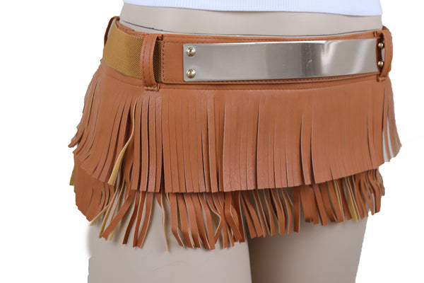 Brand New Women Brown Wide Faux Leather Wrap Around Skirt Tie Fringes Belt Gold Metal S M