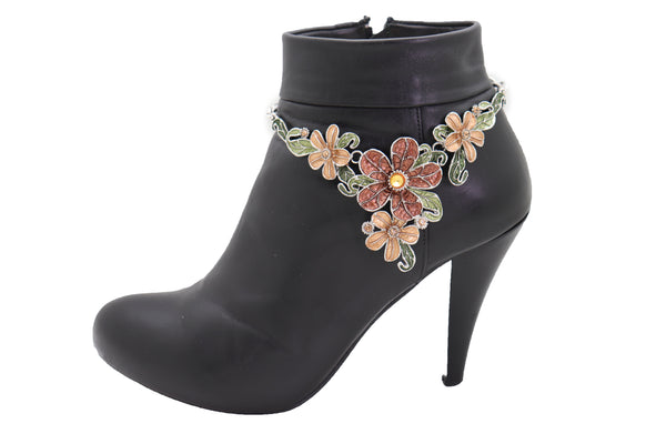 Brand New Women Silver Metal Chain Western Boot Bracelet Shoe Bling Flower Charm Anklet