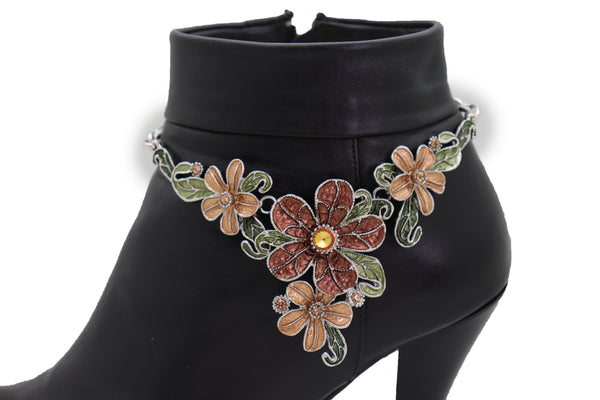 Brand New Women Silver Metal Chain Western Boot Bracelet Shoe Bling Flower Charm Anklet