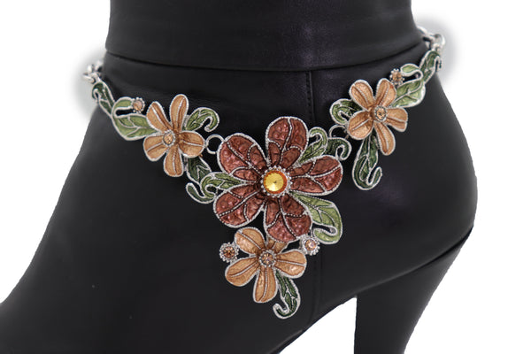 Brand New Women Silver Metal Chain Western Boot Bracelet Shoe Bling Flower Charm Anklet