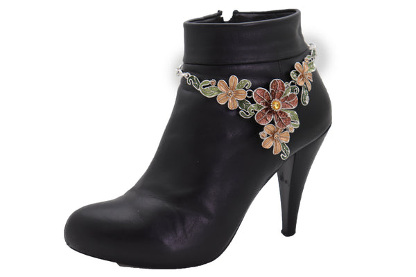 Brand New Women Silver Metal Chain Western Boot Bracelet Shoe Bling Flower Charm Anklet