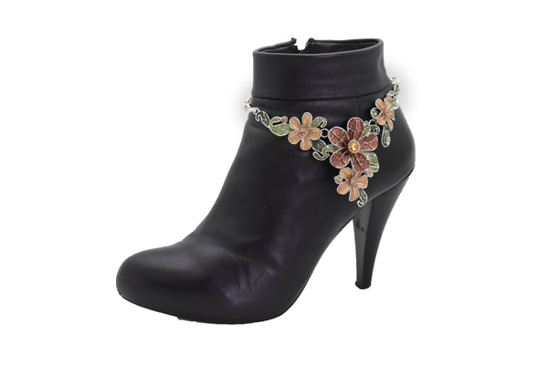 Brand New Women Silver Metal Chain Western Boot Bracelet Shoe Bling Flower Charm Anklet