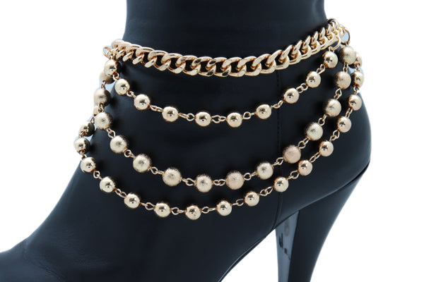 Women Gold Metal Western Boot Chain Bracelet Anklet Shoe Bling Waves Balls Charm One Size