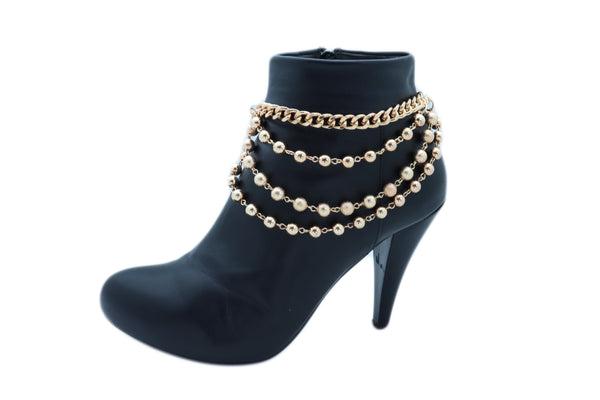 Women Gold Metal Western Boot Chain Bracelet Anklet Shoe Bling Waves Balls Charm One Size