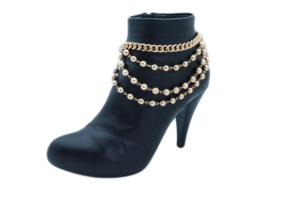Women Gold Metal Western Boot Chain Bracelet Anklet Shoe Bling Waves Balls Charm One Size