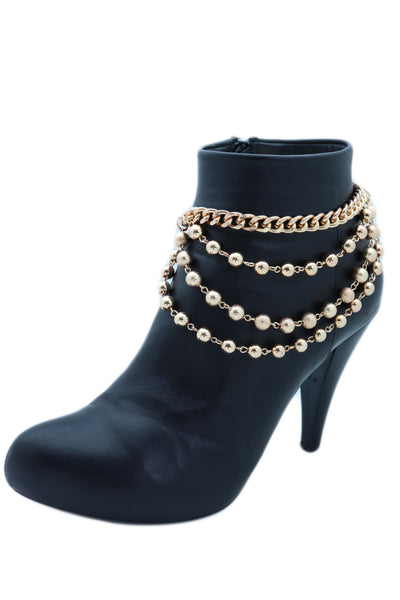 Women Gold Metal Western Boot Chain Bracelet Anklet Shoe Bling Waves Balls Charm One Size