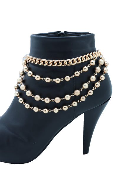 Women Gold Metal Western Boot Chain Bracelet Anklet Shoe Bling Waves Balls Charm One Size
