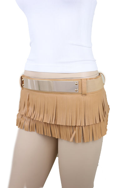 Brand New Women Beige Faux Leather Wrap Around Skirt Tie Fringes Belt Gold Metal Size S M