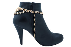 Women Gold Metal Western Boot Chain Bracelet Anklet Shoe Bling Waves Balls Charm One Size