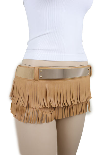 Brand New Women Beige Faux Leather Wrap Around Skirt Tie Fringes Belt Gold Metal Size S M