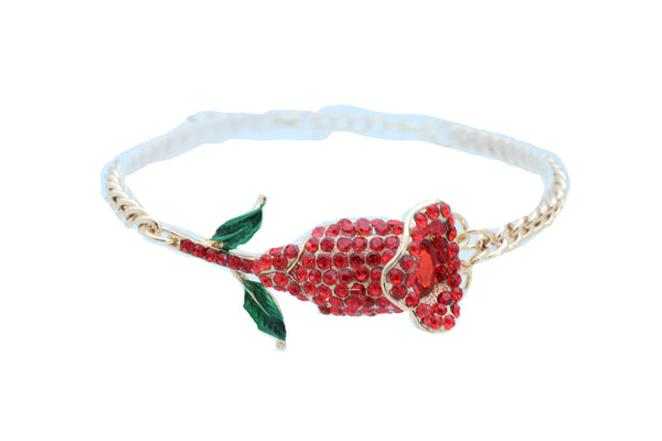Women Fashion Gold Metal Chain Boot Bracelet Shoe Anklet Red Flower Bling Charm One Size