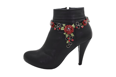 Brand New Women Black Metal Chain Western Boot Bracelet Shoe Anklet Red Rose Flower Charms