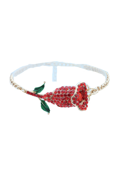Women Fashion Gold Metal Chain Boot Bracelet Shoe Anklet Red Flower Bling Charm One Size