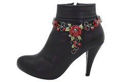 Black Metal Chain Western Boot Bracelet Shoe Anklet Red Rose Flower Charms