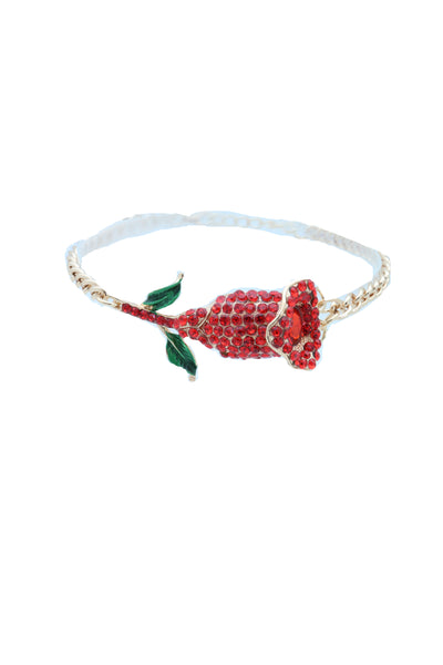 Women Fashion Gold Metal Chain Boot Bracelet Shoe Anklet Red Flower Bling Charm One Size