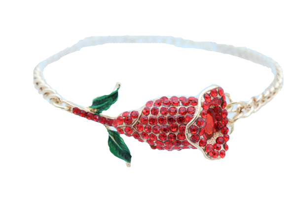 Women Fashion Gold Metal Chain Boot Bracelet Shoe Anklet Red Flower Bling Charm One Size