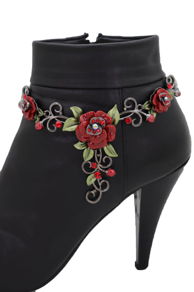 Brand New Women Black Metal Chain Western Boot Bracelet Shoe Anklet Red Rose Flower Charms