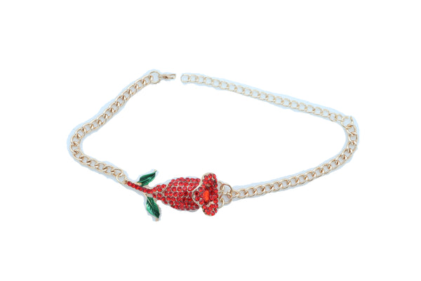 Women Fashion Gold Metal Chain Boot Bracelet Shoe Anklet Red Flower Bling Charm One Size