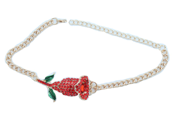Women Fashion Gold Metal Chain Boot Bracelet Shoe Anklet Red Flower Bling Charm One Size