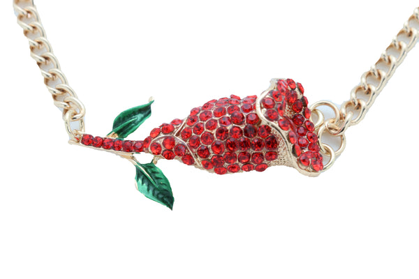 Women Fashion Gold Metal Chain Boot Bracelet Shoe Anklet Red Flower Bling Charm One Size