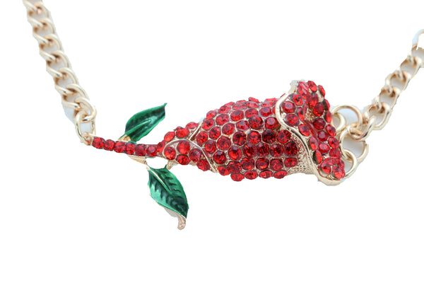 Women Fashion Gold Metal Chain Boot Bracelet Shoe Anklet Red Flower Bling Charm One Size