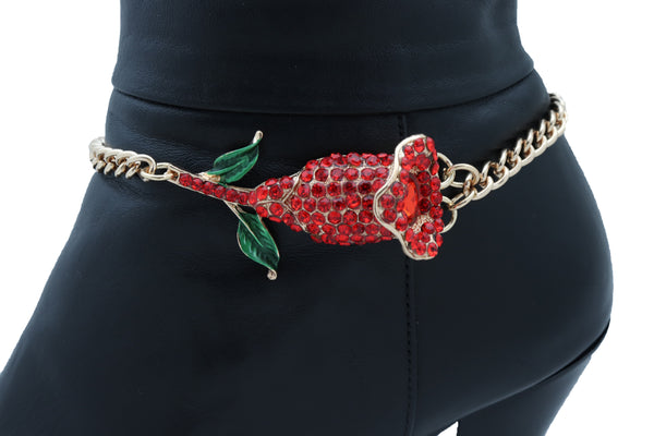 Women Fashion Gold Metal Chain Boot Bracelet Shoe Anklet Red Flower Bling Charm One Size