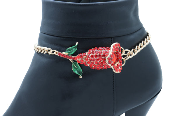 Women Fashion Gold Metal Chain Boot Bracelet Shoe Anklet Red Flower Bling Charm One Size