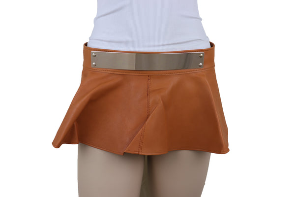 Brand New Women Beige Faux Leather Waistband Wrap Around Skirt Tie Belt Gold Metal Plate Size S M