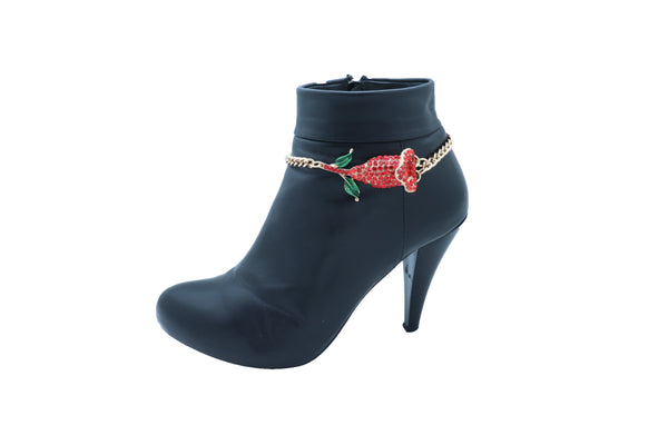 Women Fashion Gold Metal Chain Boot Bracelet Shoe Anklet Red Flower Bling Charm One Size