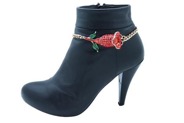 Women Fashion Gold Metal Chain Boot Bracelet Shoe Anklet Red Flower Bling Charm One Size
