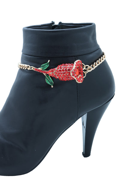 Women Fashion Gold Metal Chain Boot Bracelet Shoe Anklet Red Flower Bling Charm One Size