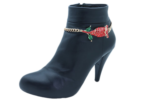 Women Fashion Gold Metal Chain Boot Bracelet Shoe Anklet Red Flower Bling Charm One Size