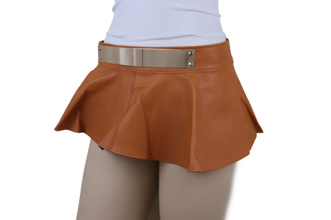 Brand New Women Beige Faux Leather Waistband Wrap Around Skirt Tie Belt Gold Metal Plate Size S M