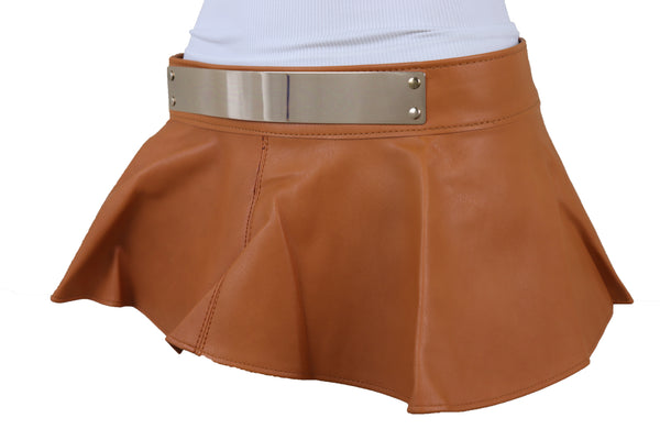 Brand New Women Beige Faux Leather Waistband Wrap Around Skirt Tie Belt Gold Metal Plate Size S M