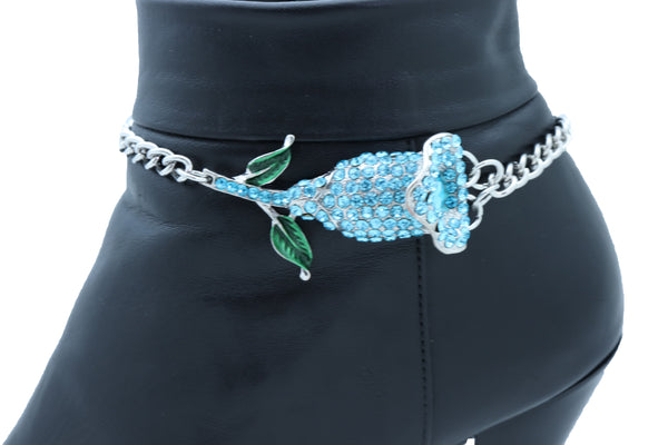 Women Fashion Silver Metal Chain Boot Bracelet Shoe Anklet Sky Light Blue Flower Charm One Size