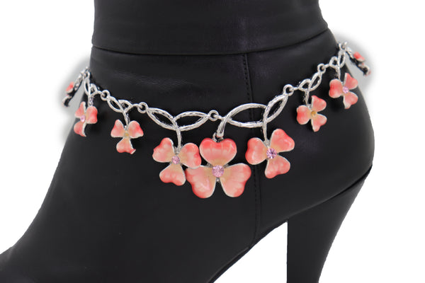 Brand New Women Silver Metal Chain Boot Bracelet Shoe Clover Flower Charm Bling Luck Anklet