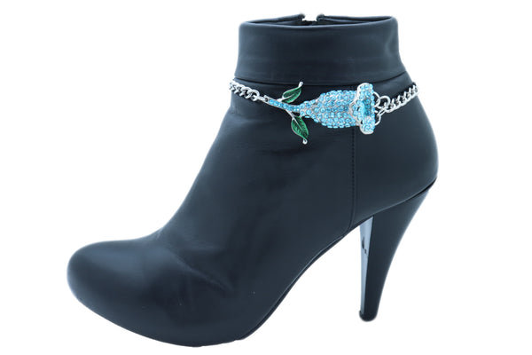 Women Fashion Silver Metal Chain Boot Bracelet Shoe Anklet Sky Light Blue Flower Charm One Size