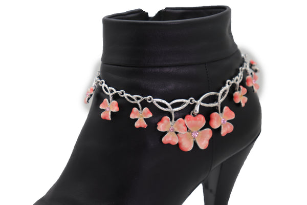 Brand New Women Silver Metal Chain Boot Bracelet Shoe Clover Flower Charm Bling Luck Anklet