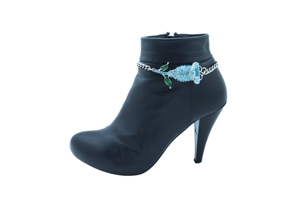 Women Fashion Silver Metal Chain Boot Bracelet Shoe Anklet Sky Light Blue Flower Charm One Size