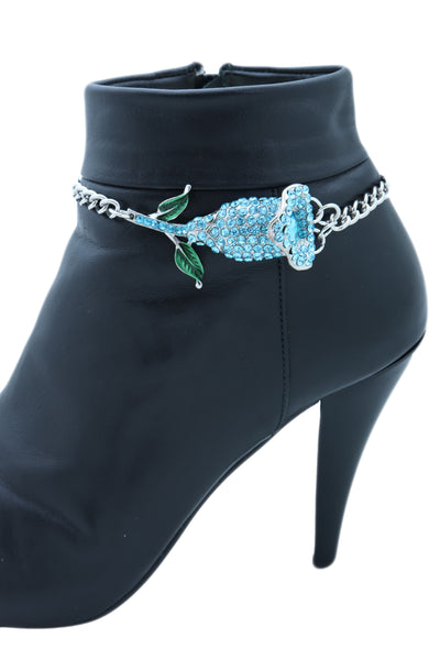 Women Fashion Silver Metal Chain Boot Bracelet Shoe Anklet Sky Light Blue Flower Charm One Size