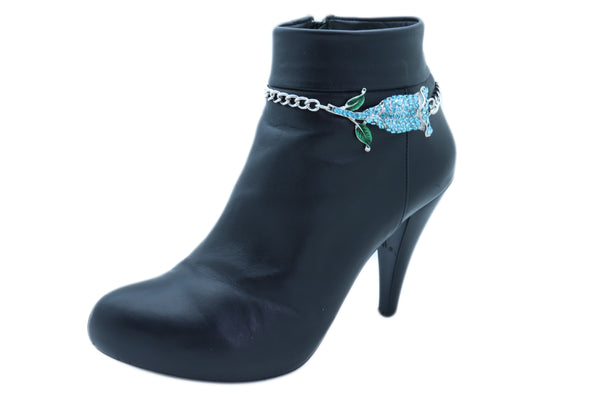 Women Fashion Silver Metal Chain Boot Bracelet Shoe Anklet Sky Light Blue Flower Charm One Size