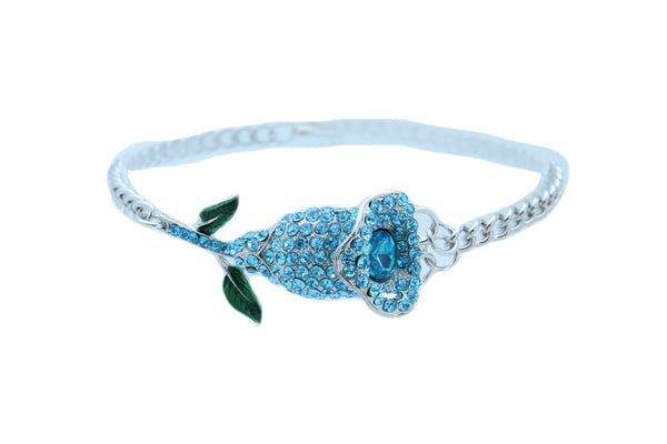 Women Fashion Silver Metal Chain Boot Bracelet Shoe Anklet Sky Light Blue Flower Charm One Size