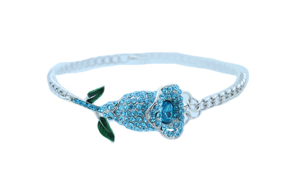 Brand New Women Fashion Silver Metal Chain Boot Bracelet Shoe Anklet Sky Blue Flower Charm