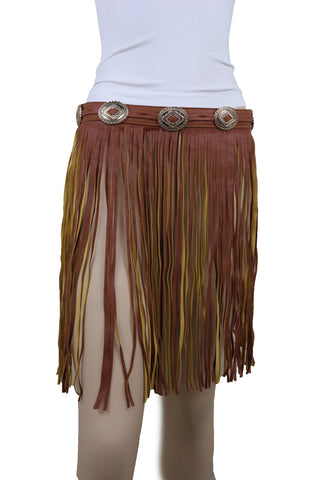 Brand New Women Brown Skirt Faux Leather Wrap Around Fashion Belt Concho Charms Size S M